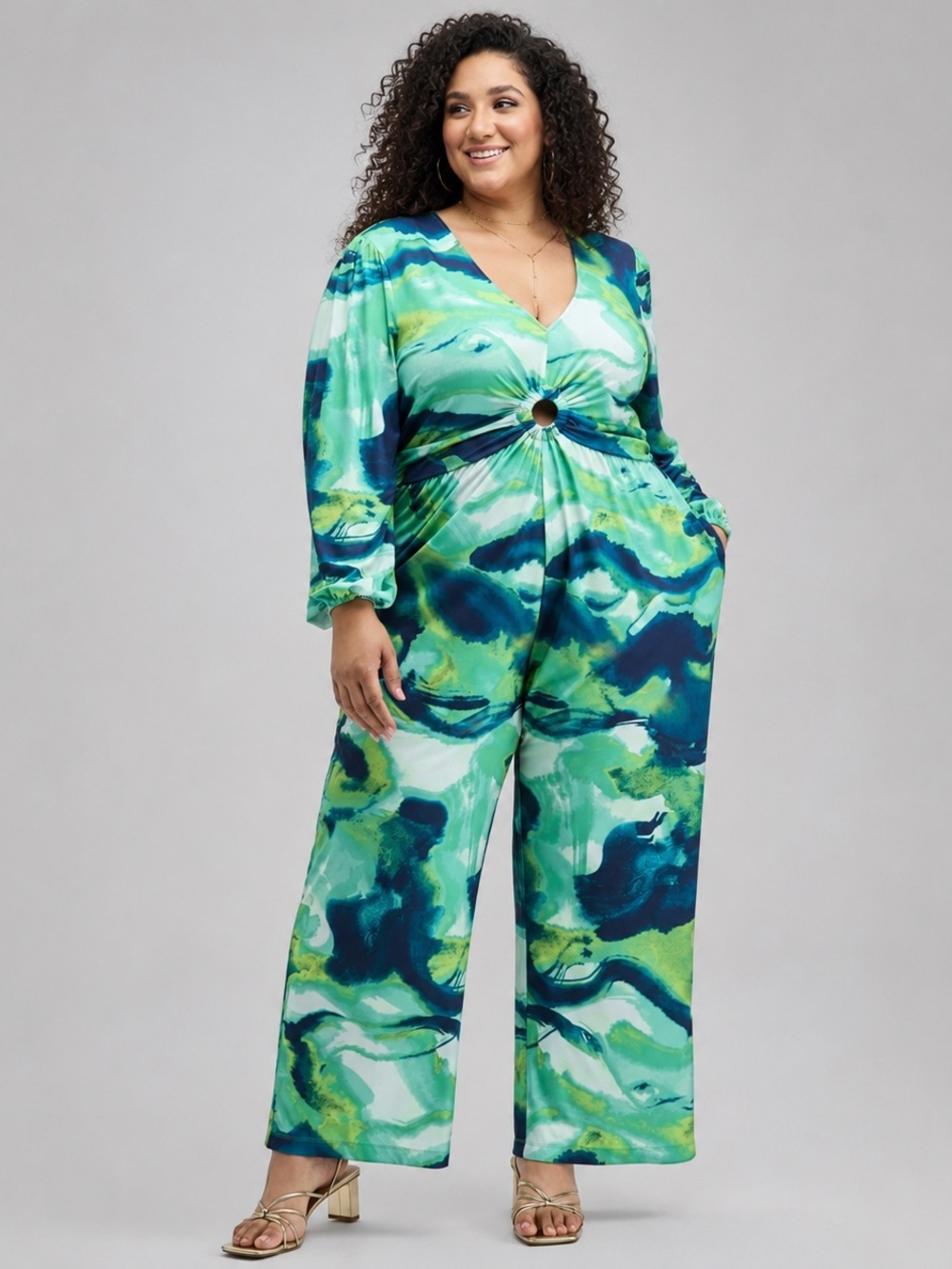 Nina Parker Trendy Plus Long-Sleeve Ring-Detail Jumpsuit Size 4X Neon Marble New
